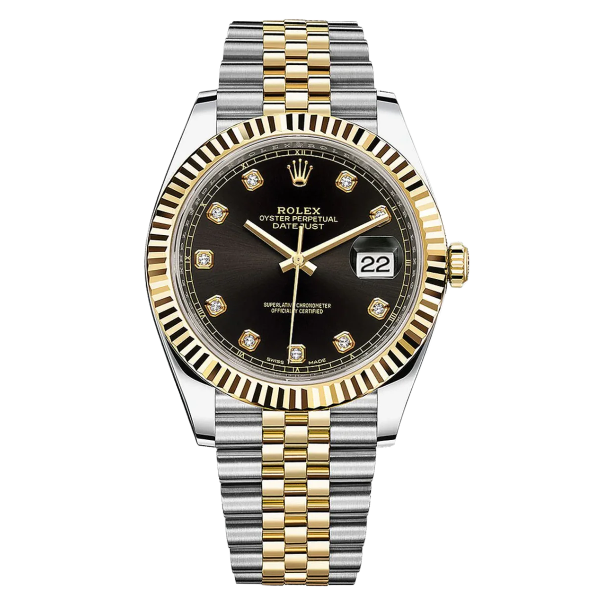 Rolex Datejust 40 Stainless Steel Yellow Gold Black Diamond Dial Jubilee