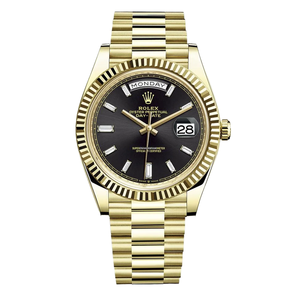 Rolex Day-Date 40 Yellow Gold Black Baguette Diamond Dial