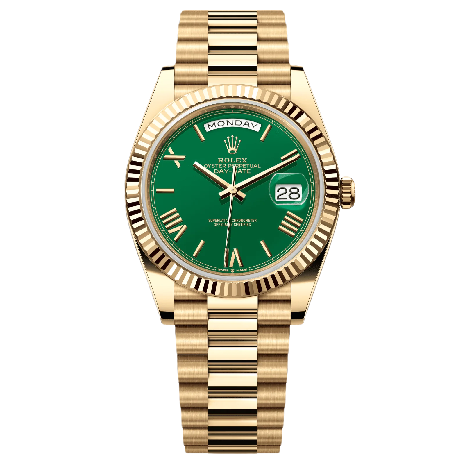 Rolex Day-Date 40 Yellow Gold Green Roman Numerals Dial